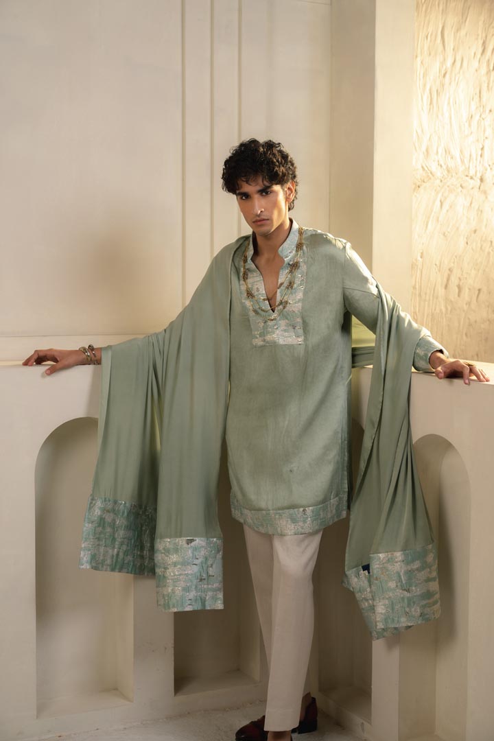 Mint Green Linen Silk Kurta Set with dupatta