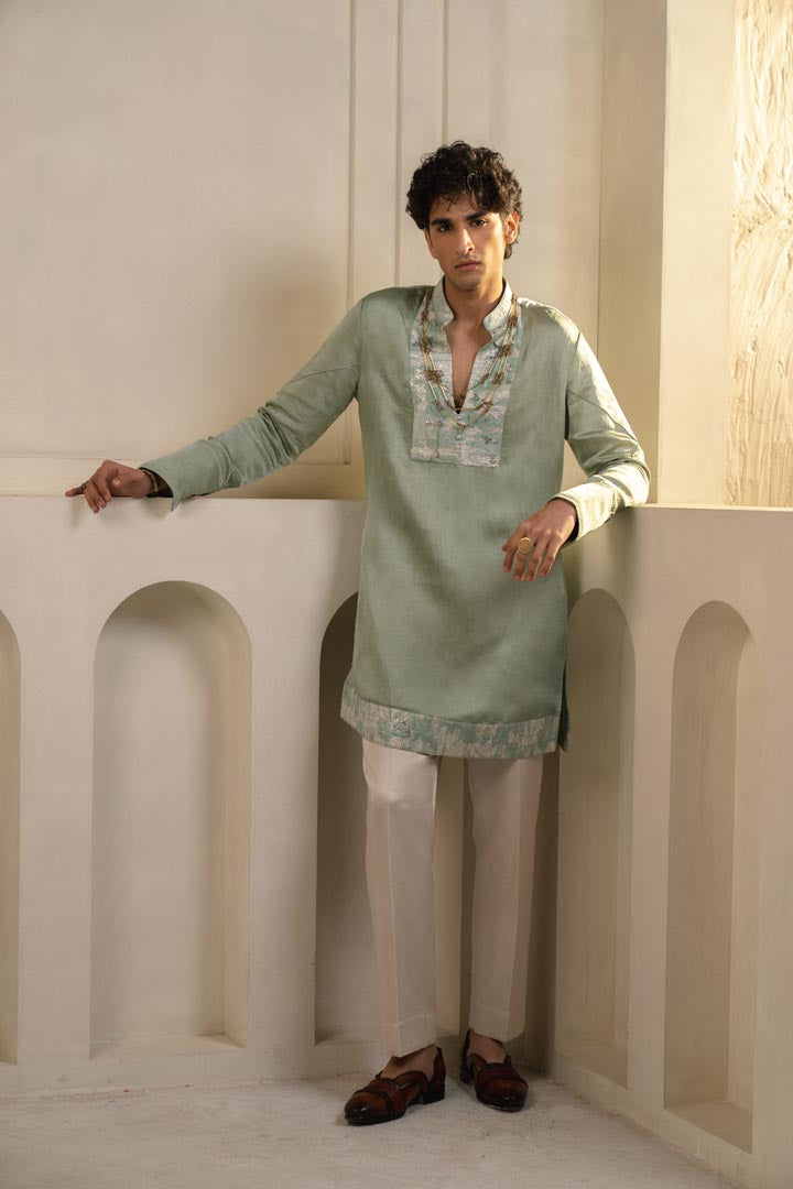 Mint Green Linen Silk Kurta Set