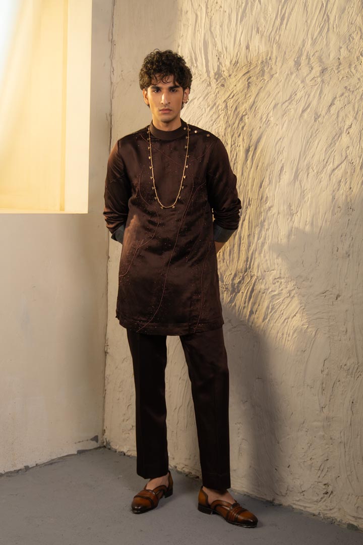 dark brown linen silk embroidered kurta set