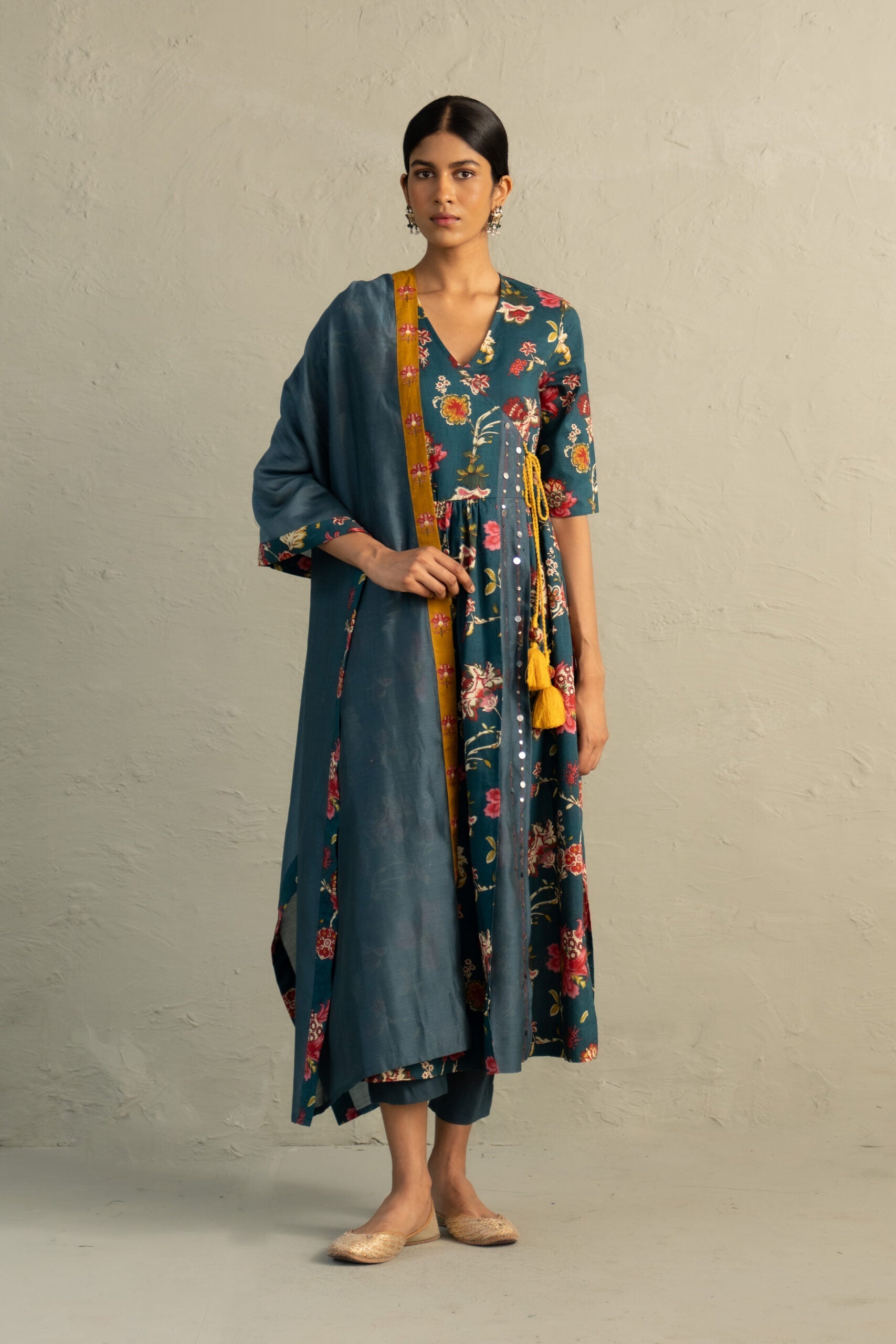 Teal Phool Dori Angrakha Straight Kurta Set