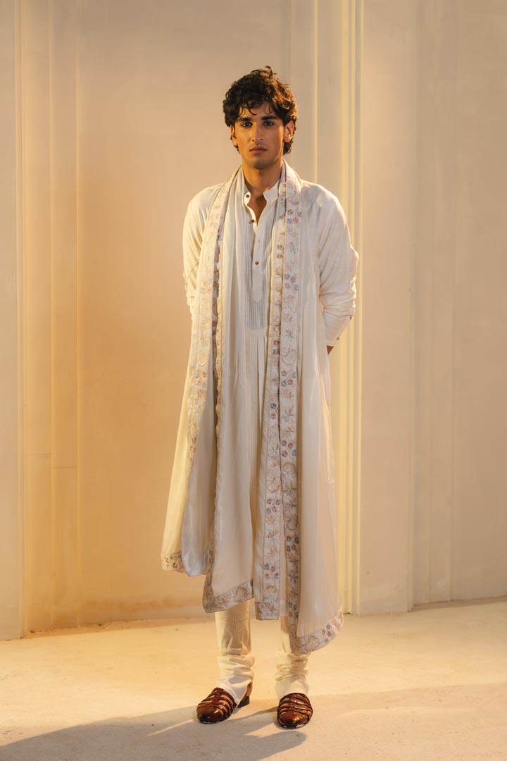 Ivory silk hand painted and hand embroidered kurta set