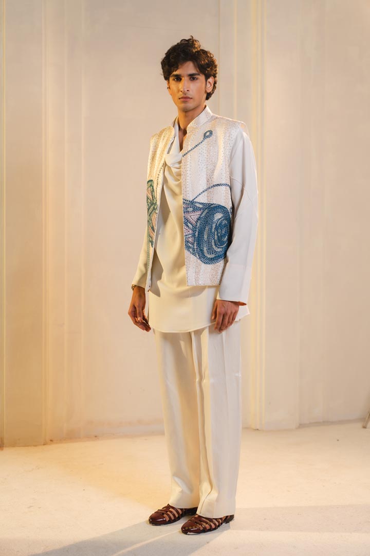ivory hand embroidered nehru jacket set