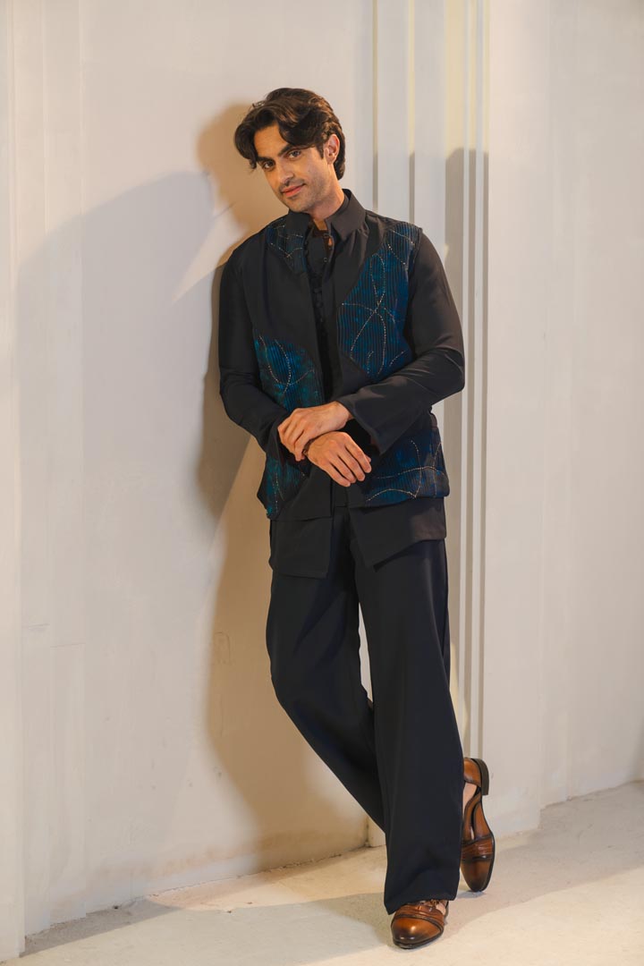 Midnight blue handpaint painted nehru jacket set
