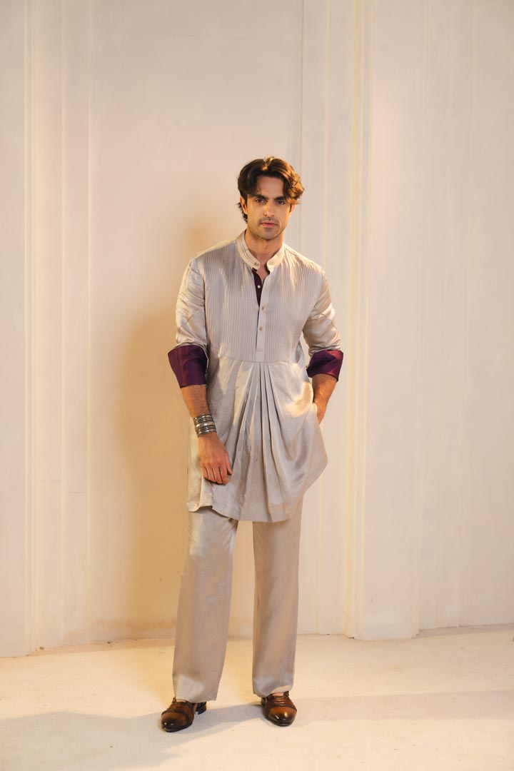 Silver pleated short kurta and trousers set