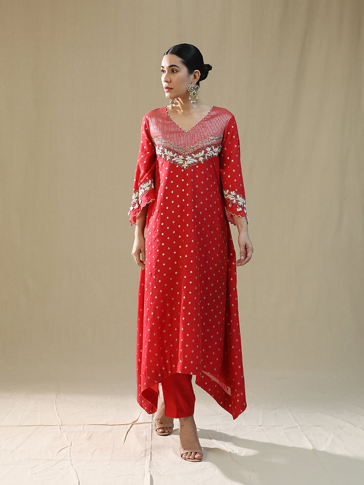 Red Self Chanderi Suit Set
