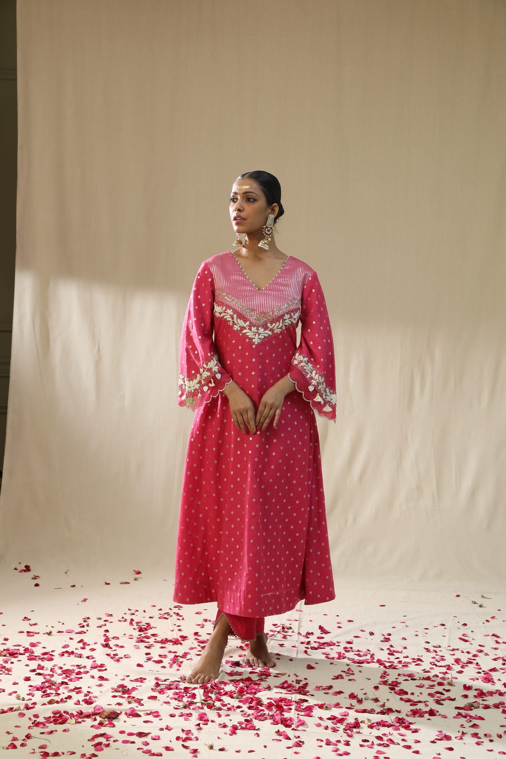 Pink self chanderi suit set