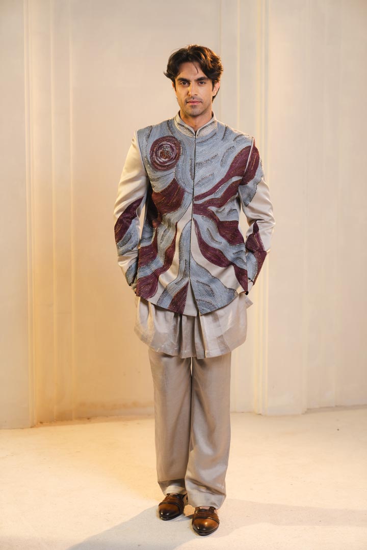 silver and wine handpainted silk bandhgala set