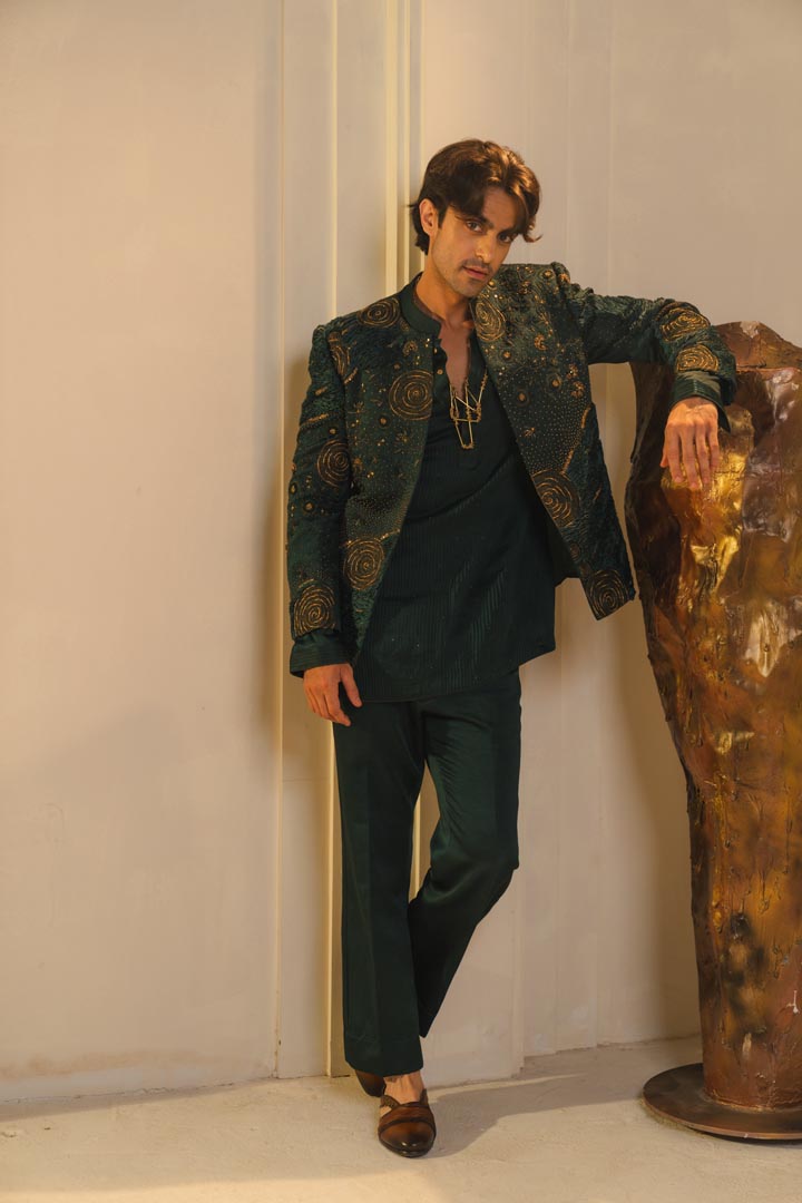 Forest Green hand embroidered short jacket set