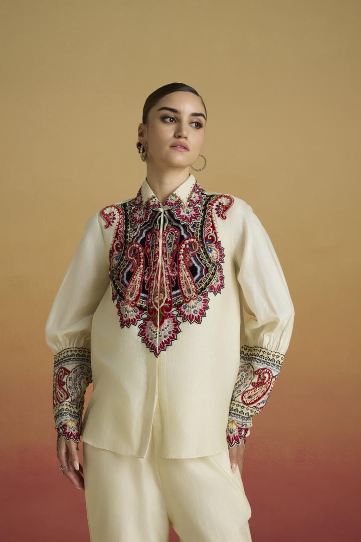 Ivory Paisley Applique Chanderi Shirt - Luxury Occasion Wear