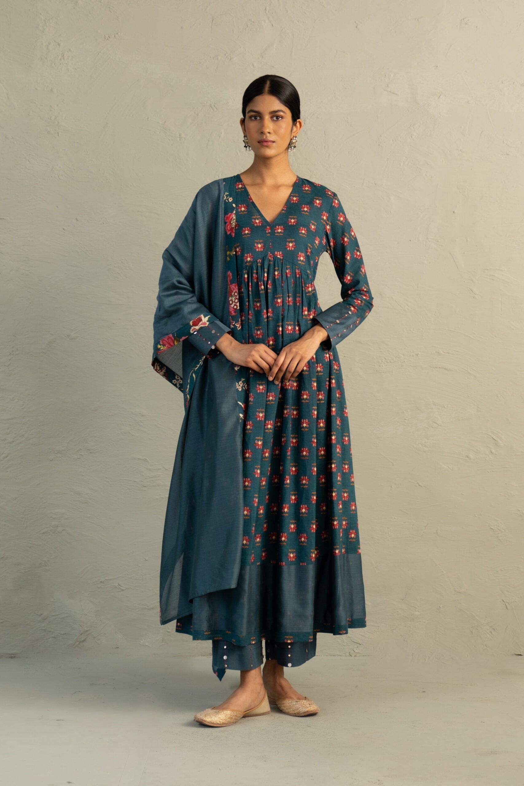 Teal Phool Dori Anarkali Set