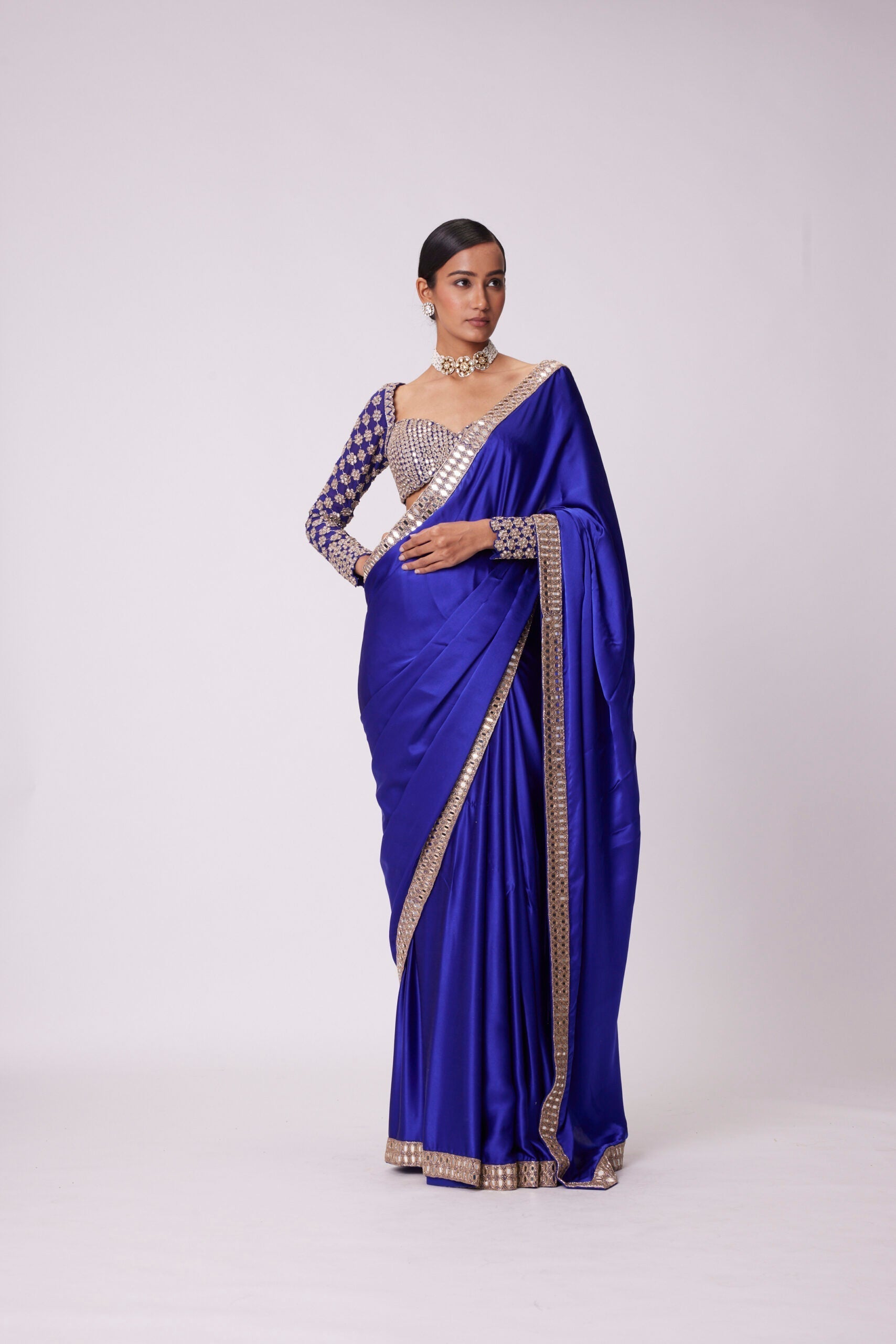 Image of PERSIAN  BLUE SATIN SAREE SET