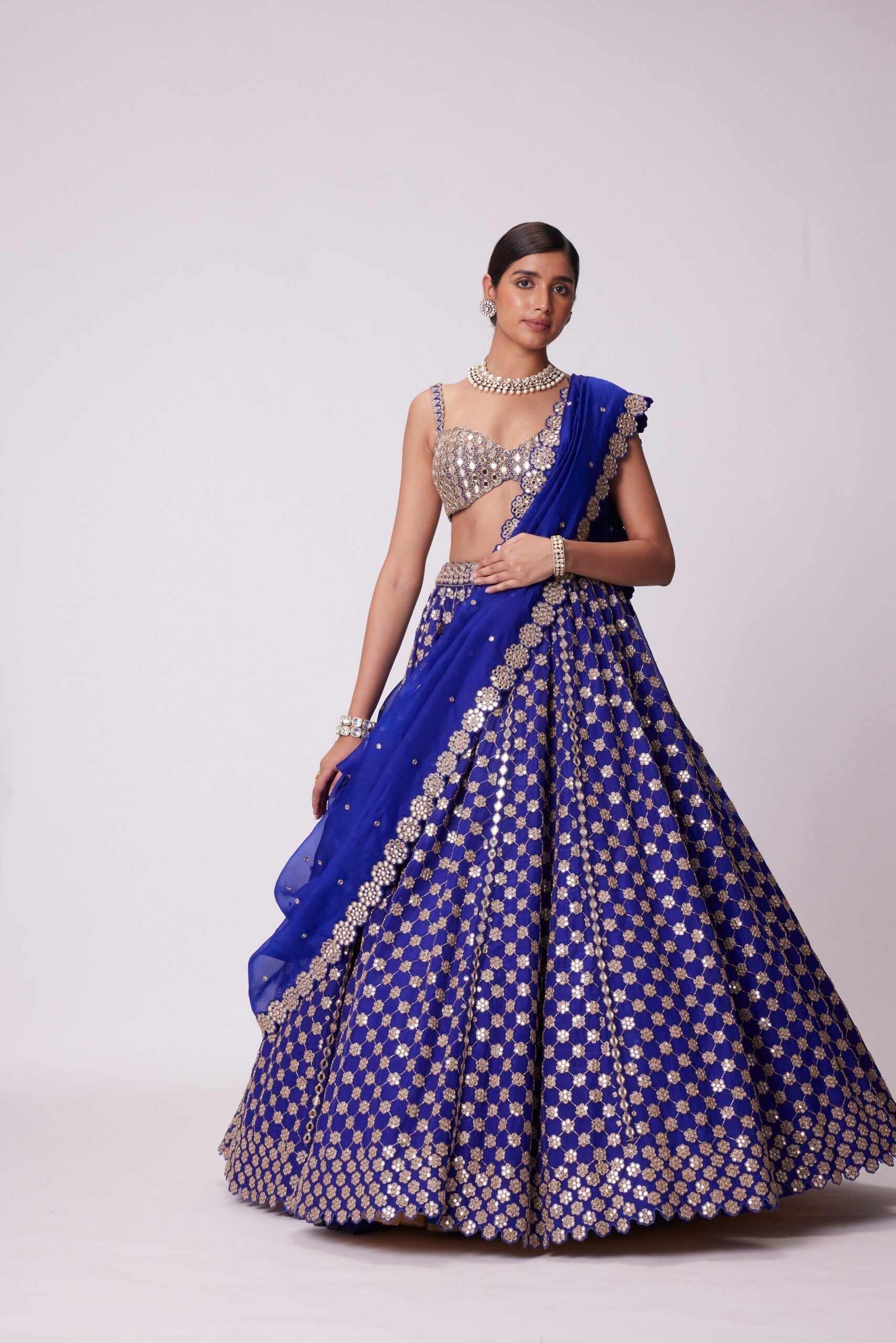 Image of PERSIAN  BLUE FLOWER LEHENGA SET