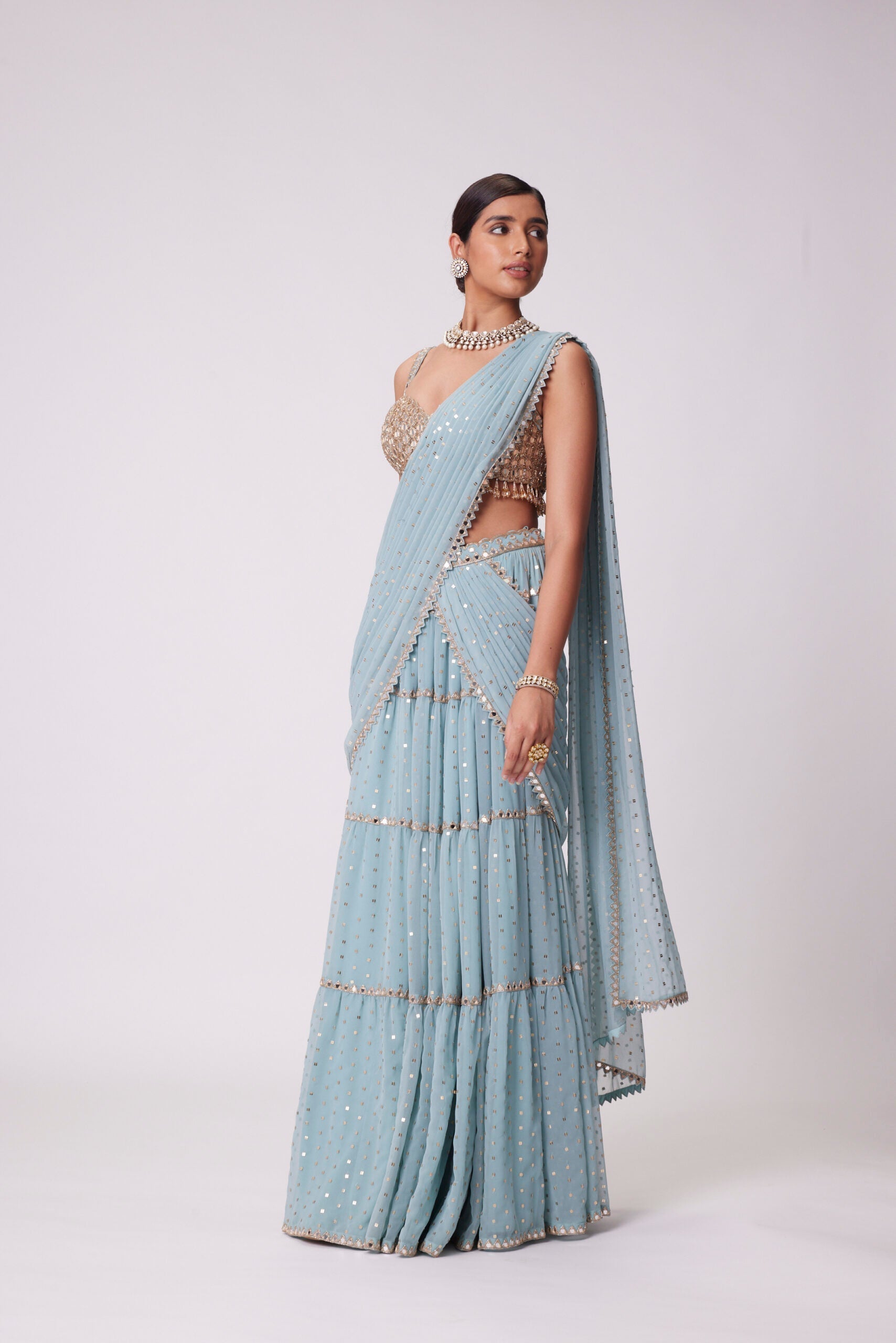 Image of POWDER BLUE MULTI TIER SAREE SET