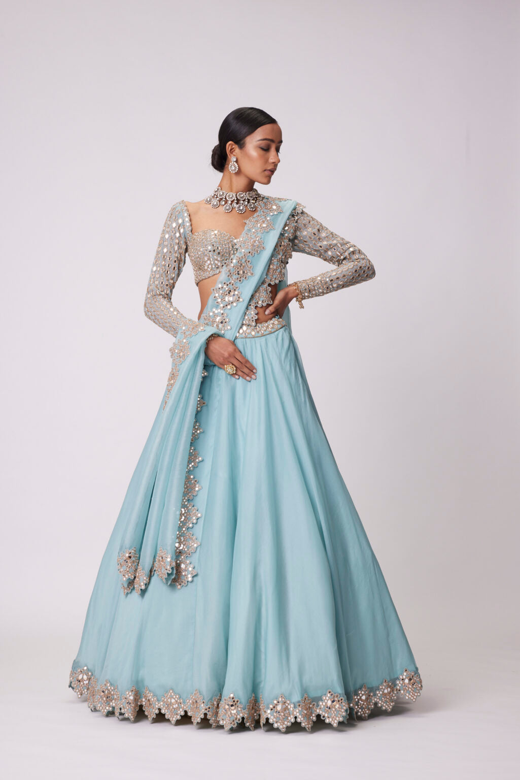 Image of POWDER BLUE ORGANZA MIRROR EMBROIDERED LEHENGA SET