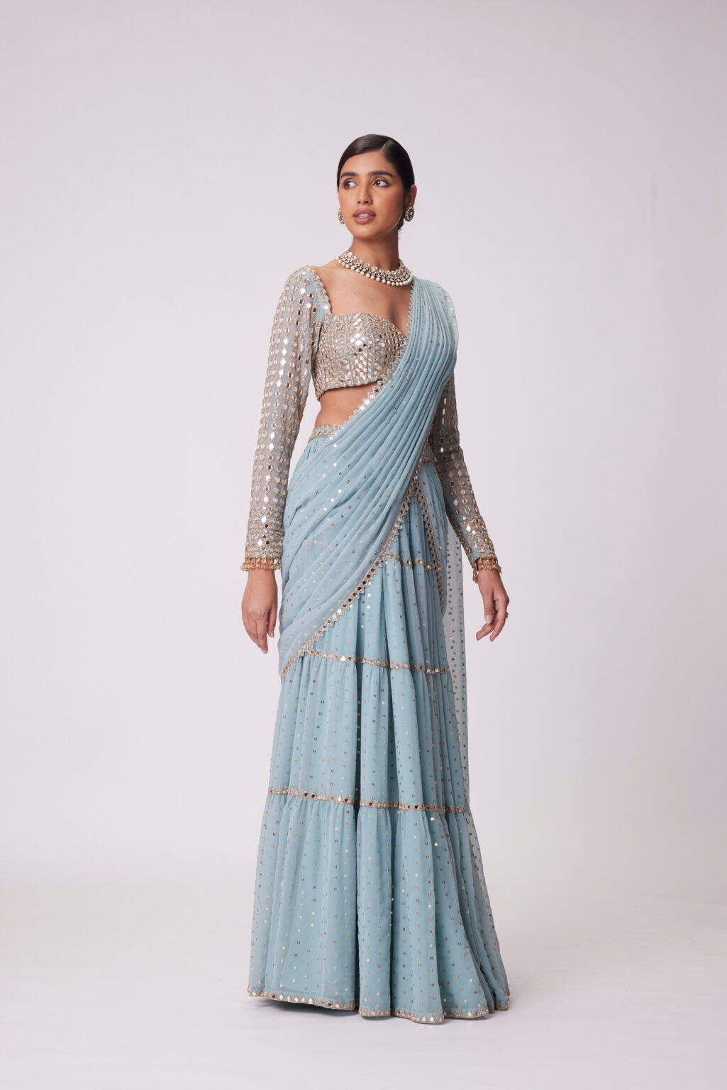 Image of POWDER BLUE MULTI TIER HAND EMBROIDERED SAREE SET