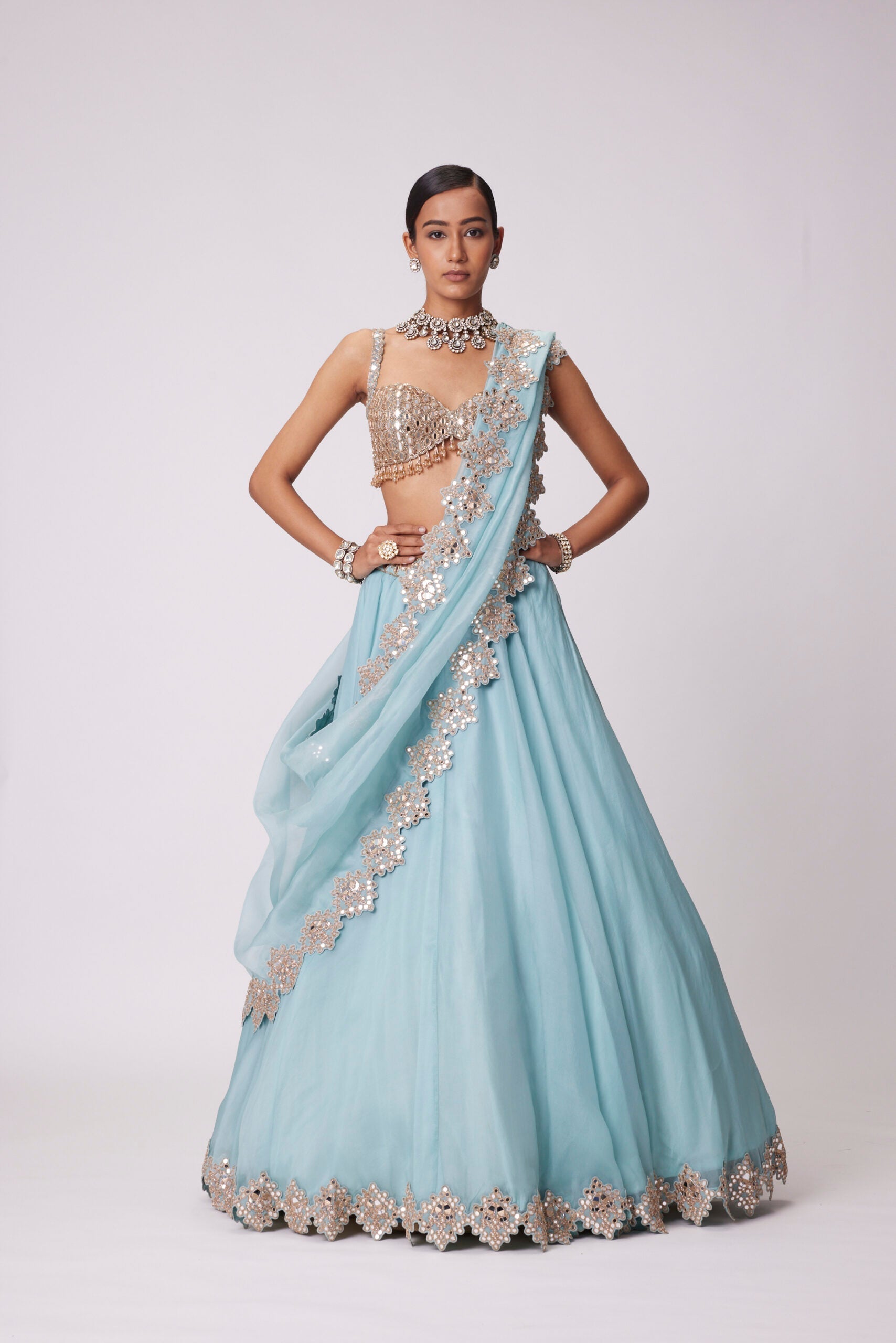 Image of POWDER BLUE ORGANZA HAND EMBROIDERED LEHENGA SET