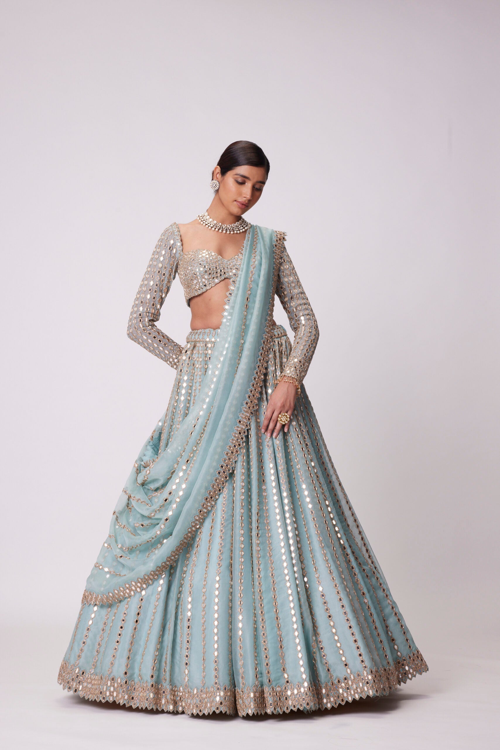 Image of POWDER BLUE LINEAR EMBROIDERED LEHENGA SET