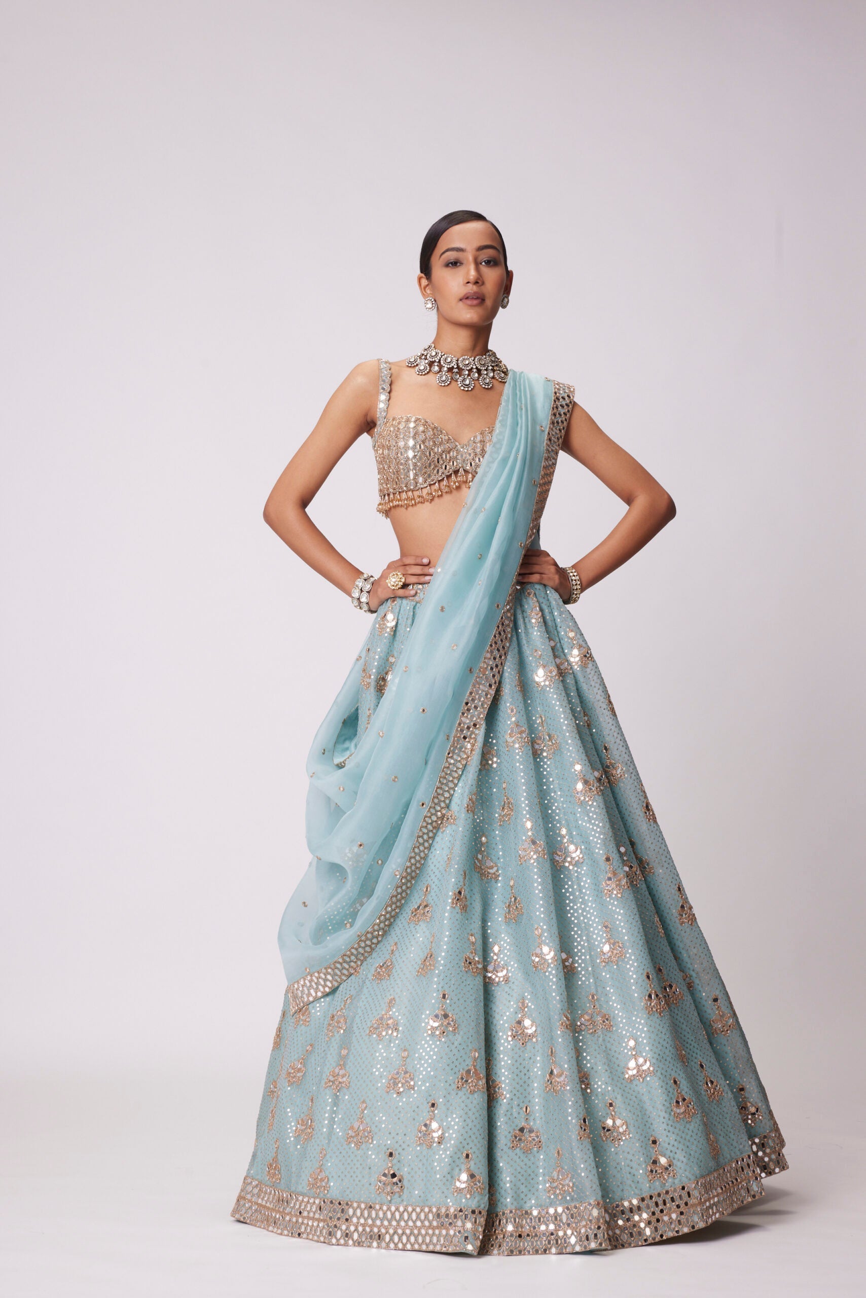 Image of POWDER BLUE ORGANZA SEQUIN EMBROIDERED LEHENGA SET