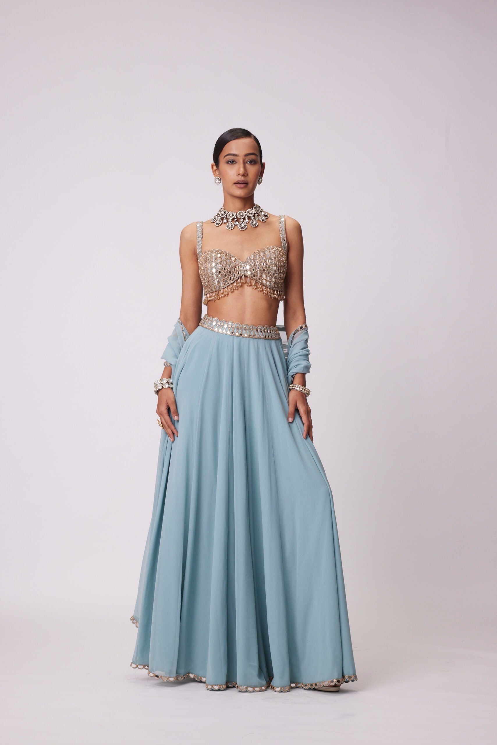 Image of POWDER BLUE MIRROR EMBROIDERED LEHENGA PANTS SET