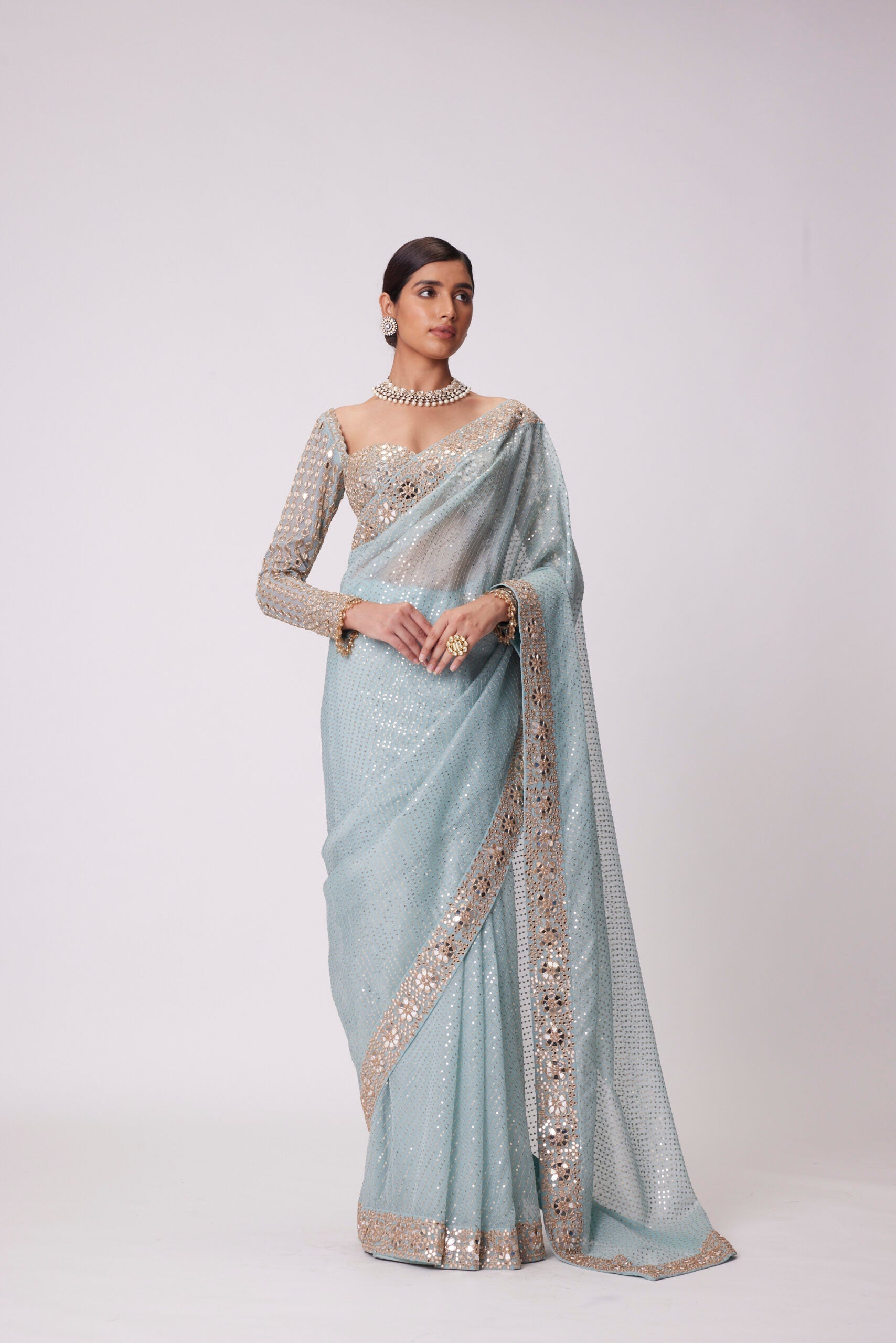 Image of POWDER BLUE ORGANZA SAREE SET