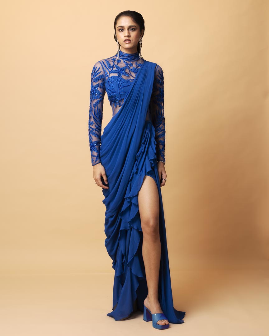 Cobalt Blue Vale Saree Gown