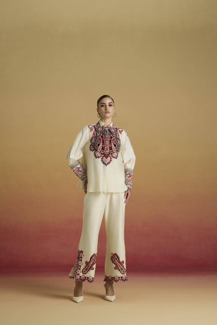 Ivory Paisley Applique Chanderi Pants with Slit Detail