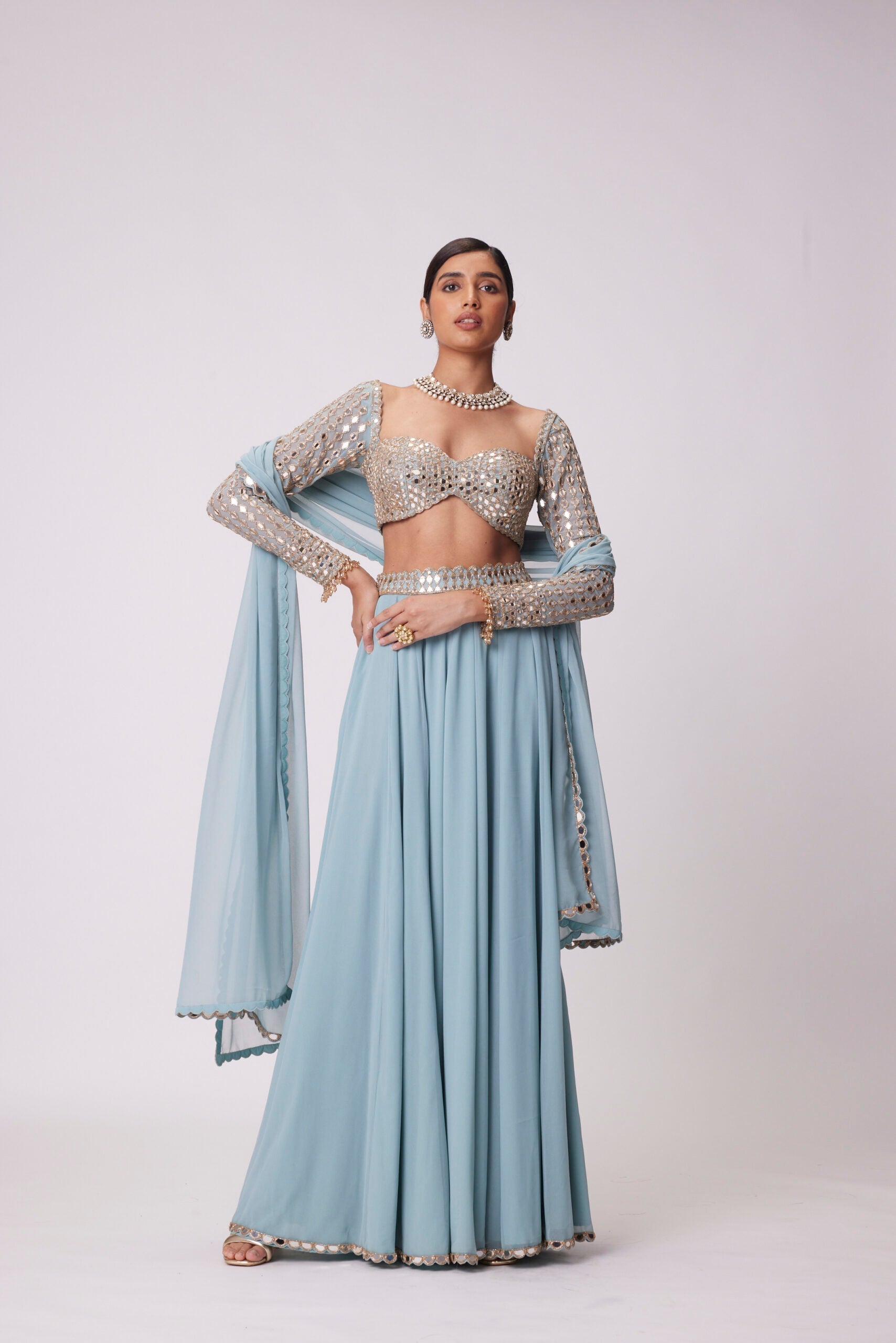 Image of POWDER BLUE LEHENGA PANTS SET