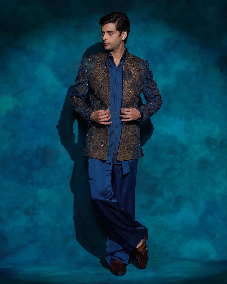 Teal and Ombre hand embroidered Short jacket set