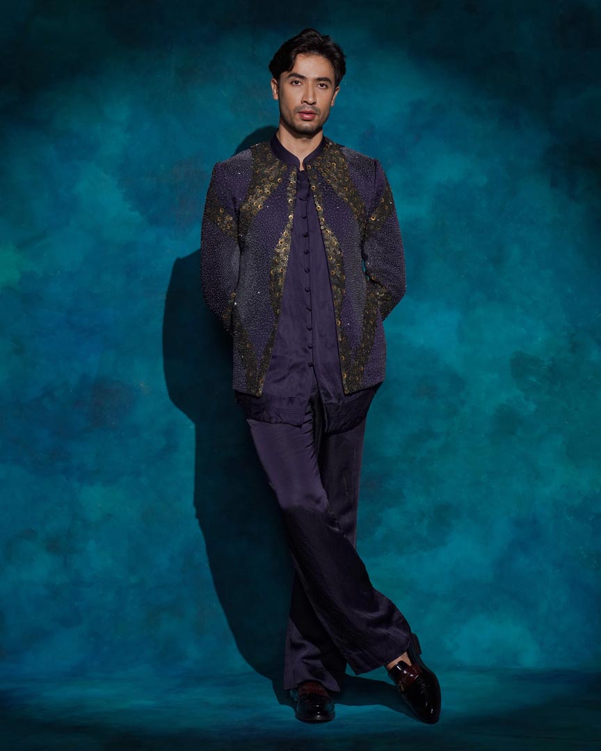 Twilight Blue hand embroidered sequence short jacket set