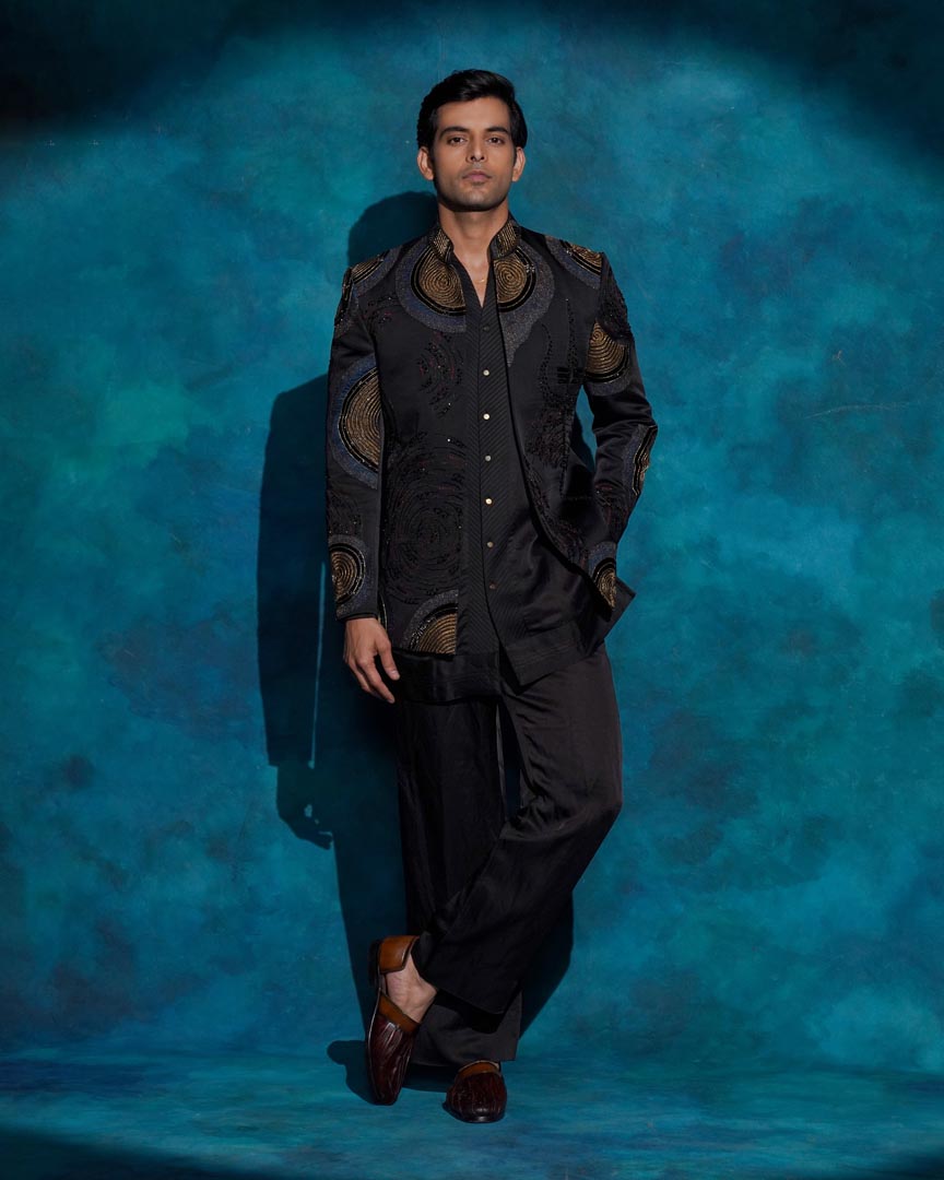 Black hand embroidered open bandhgala set