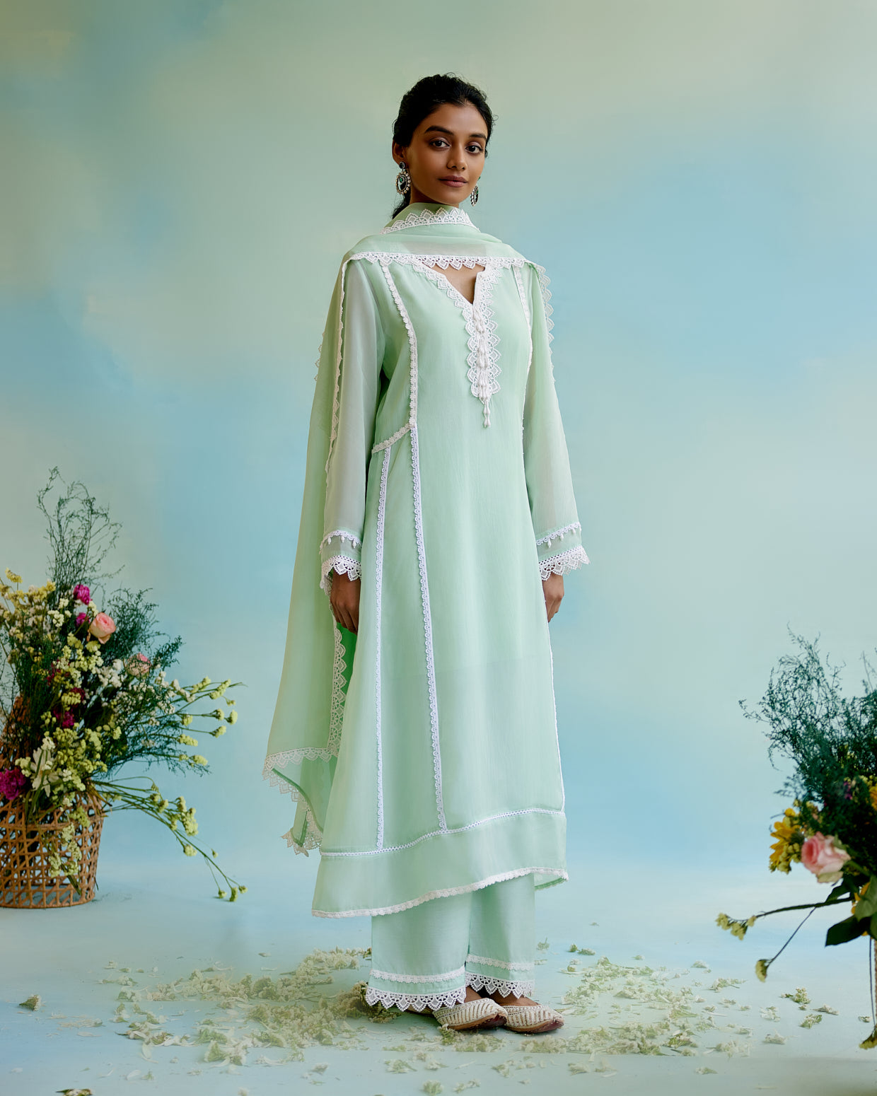 Image of Mint Frost Organza Anarkali with 
Silky Modal Wide Leg Pants