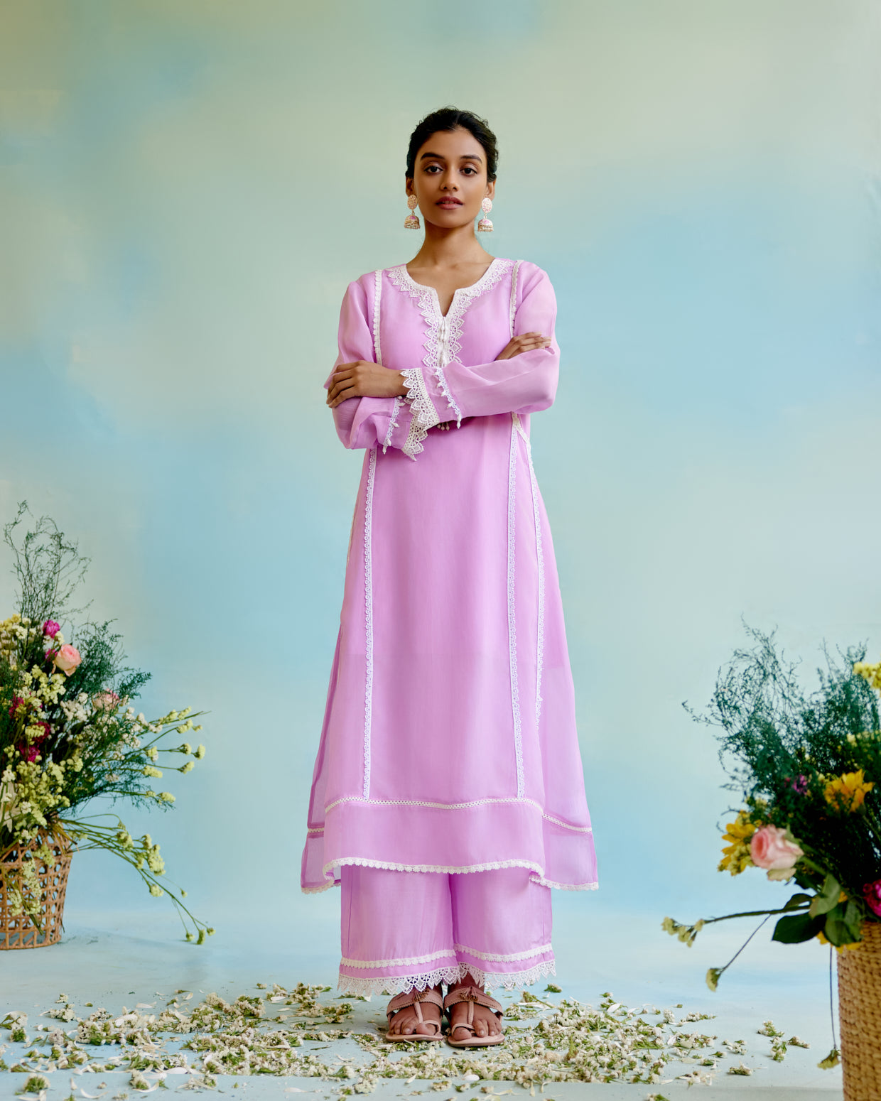 Image of Lilac Glory Organza Anarkali with 
Silky Modal Wide Leg Pants
