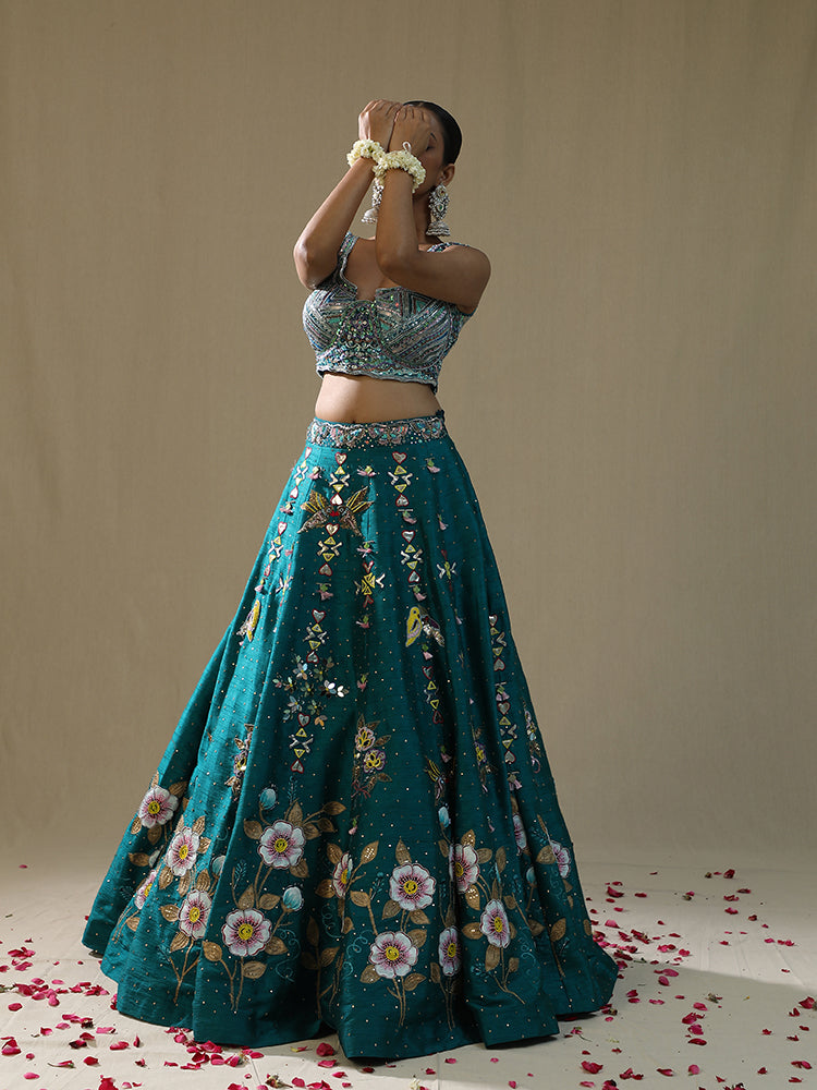 Teal green handpainted Lehnga set