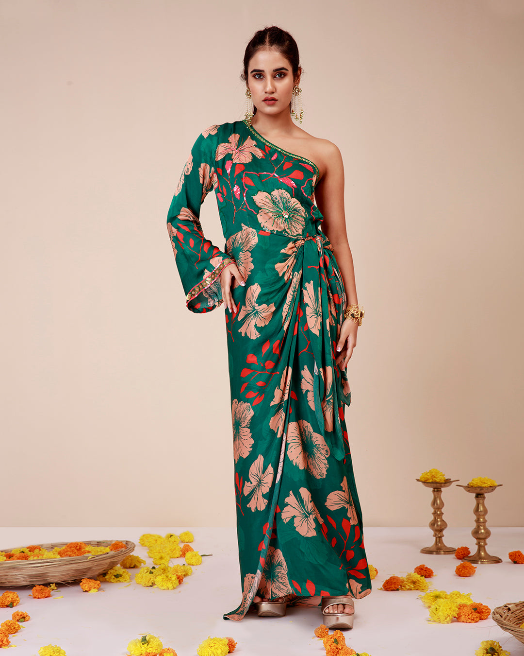 Hibiscus one shoulder tieup dress