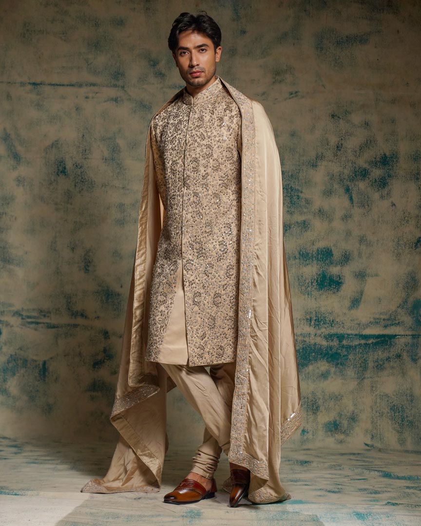 Sand Grey Linen Silk Embriodered Sherwani Set