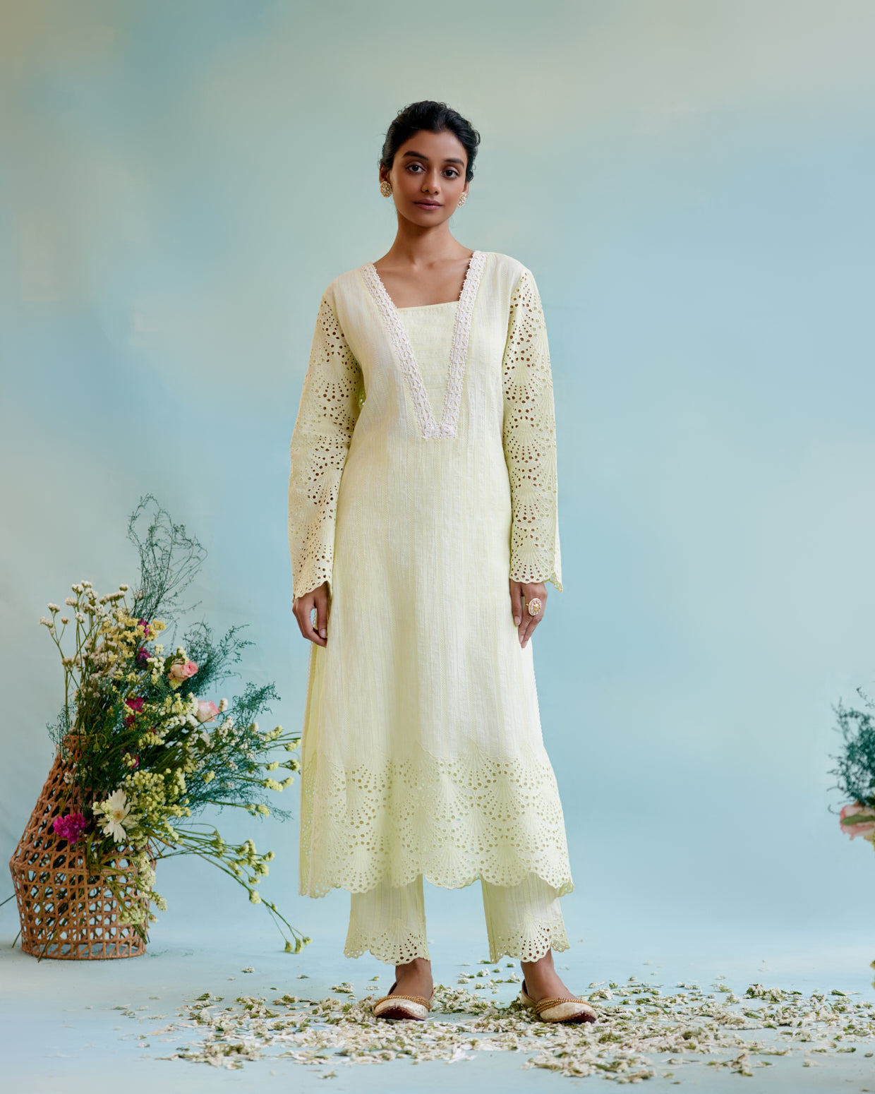 Image of Yellow Petal Cotton Dobby Kurta with 
Cotton Dobbby Narrow Pants