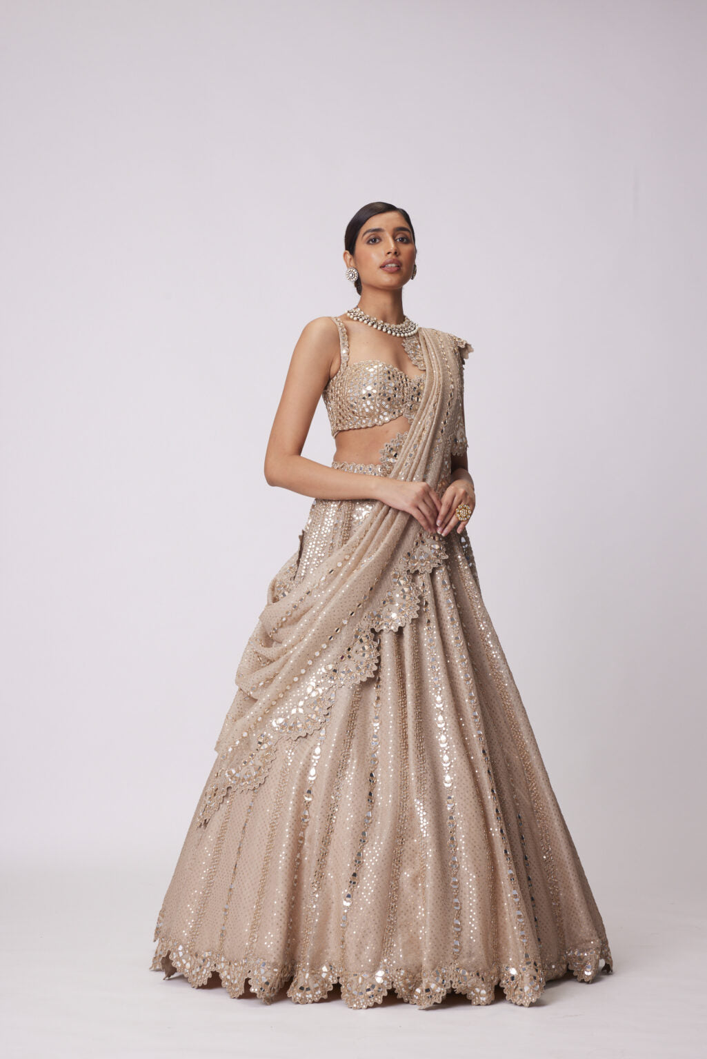 Image of LIGHT BEIGE SEQUIN EMBROIDERED LEHENGA SET