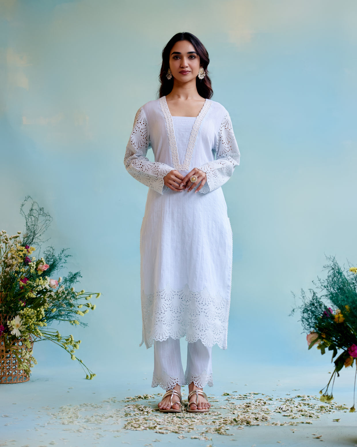 Image of Periwinkle Blue Kurta in Cotton Dobby with Lace Detaling and Scallop Sleeves 
with Narrow Pants