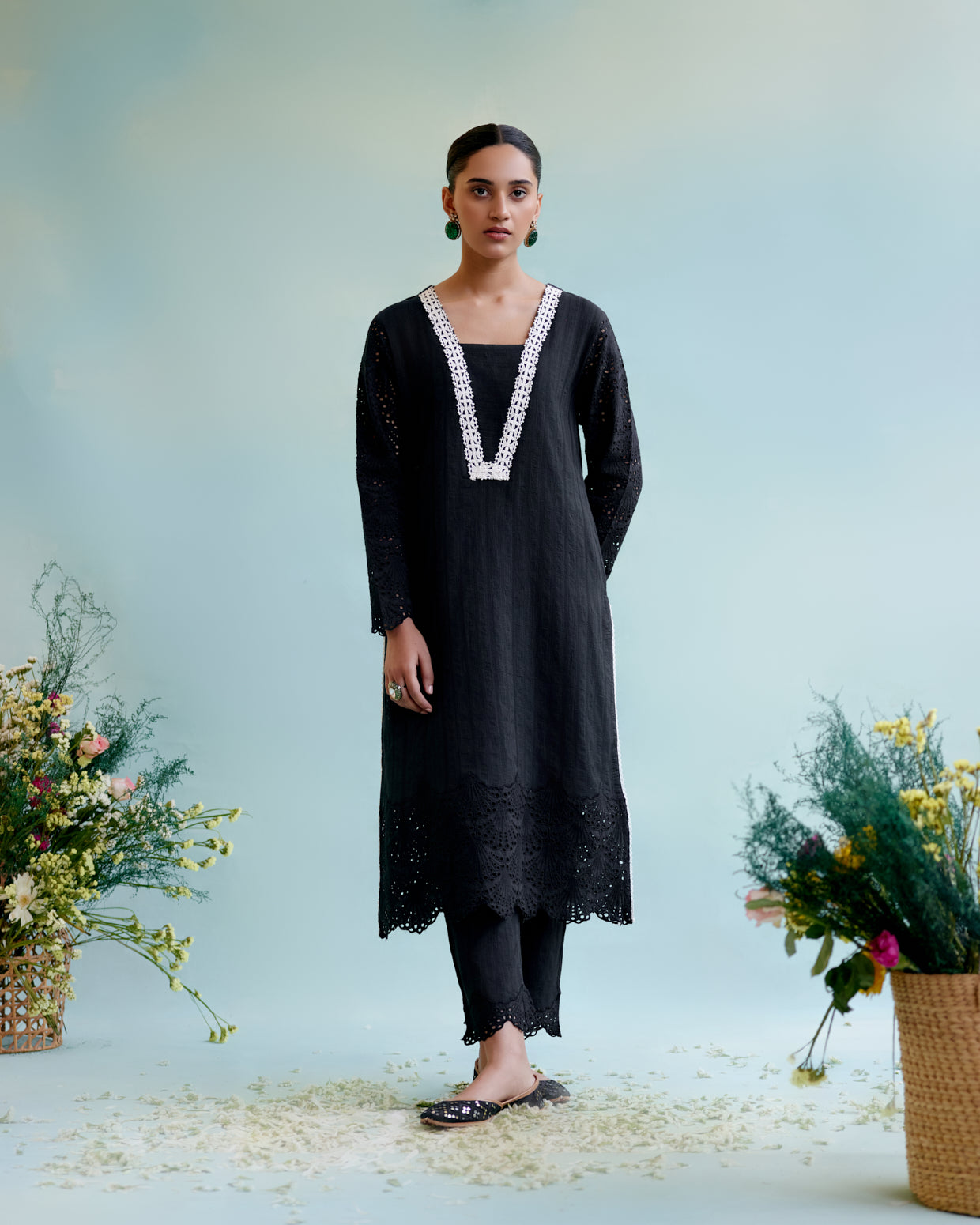 Image of Black Blossom Kurta in Cotton Dobby with Lace Detaling and Scallop Sleeves with Narrow Pants