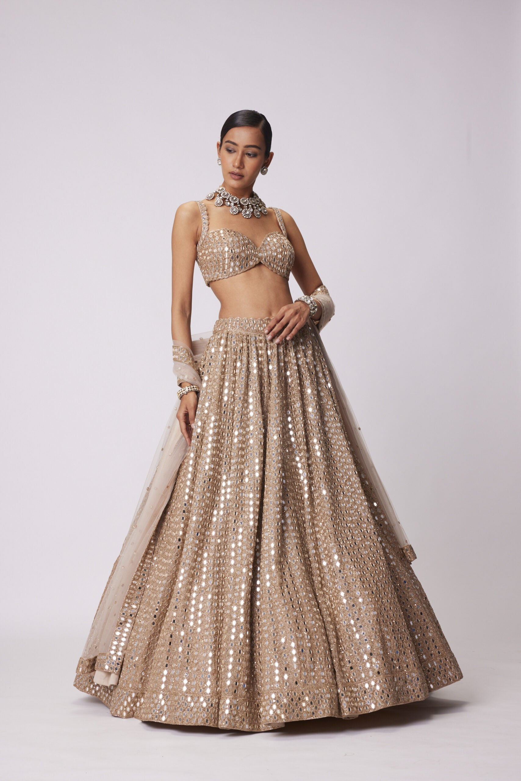 Image of LIGHT BEIGE HAND EMBROIDERED LEHENGA SET