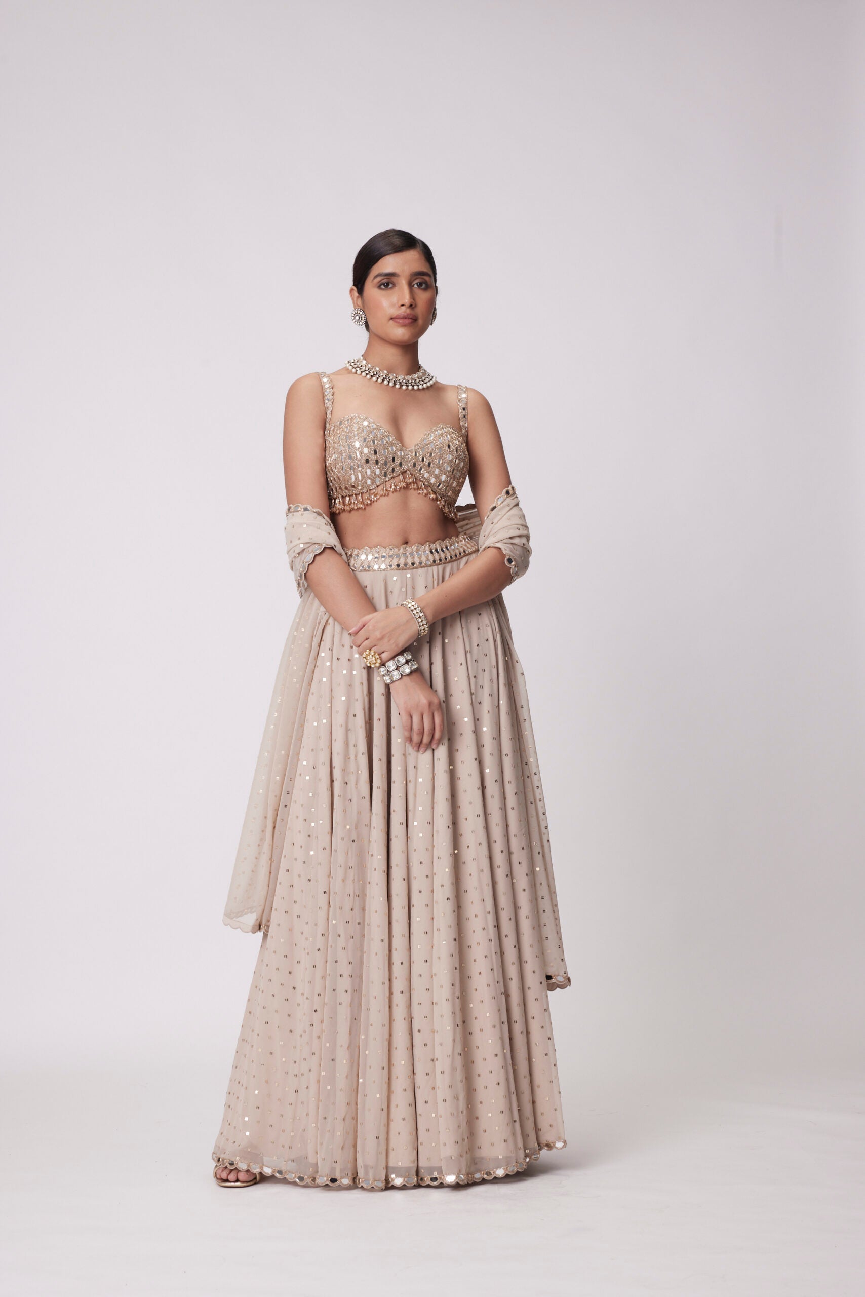 Image of LIGHT BEIGE GEORGETTE LEHENGA PANTS SET