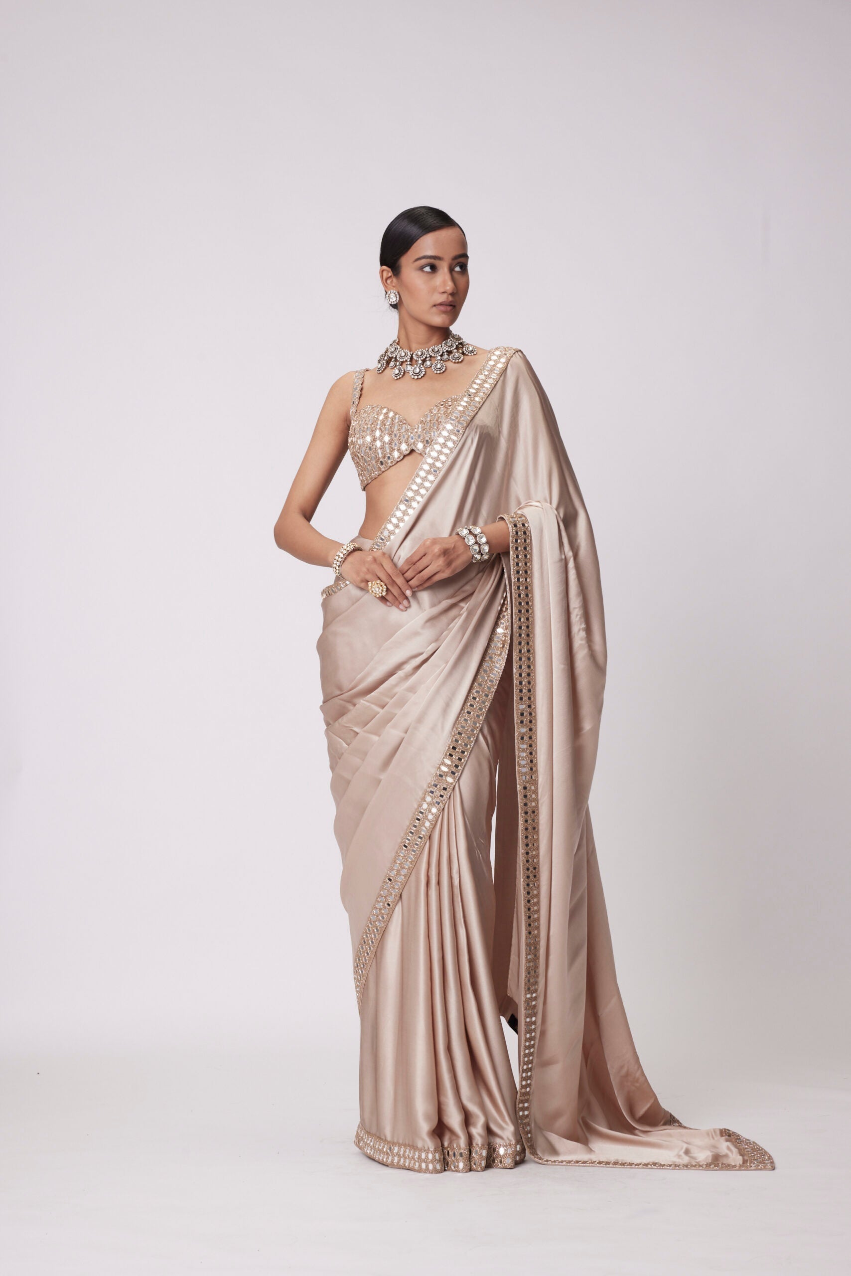 Image of LIGHT BEIGE SATIN SAREE SET