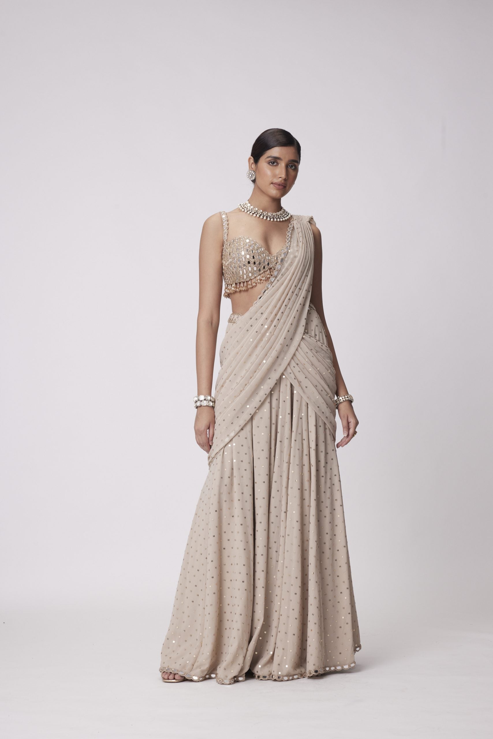 Image of LIGHT BEIGE GEORGETTE PRE DRAPED SAREE SET