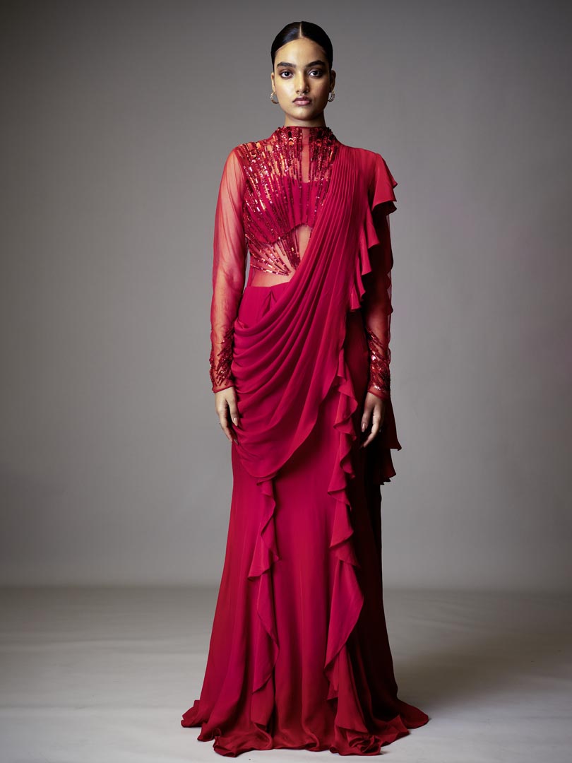 Fuchsia Pink Georgette Sequins 
Hand Embellished Gown Saree