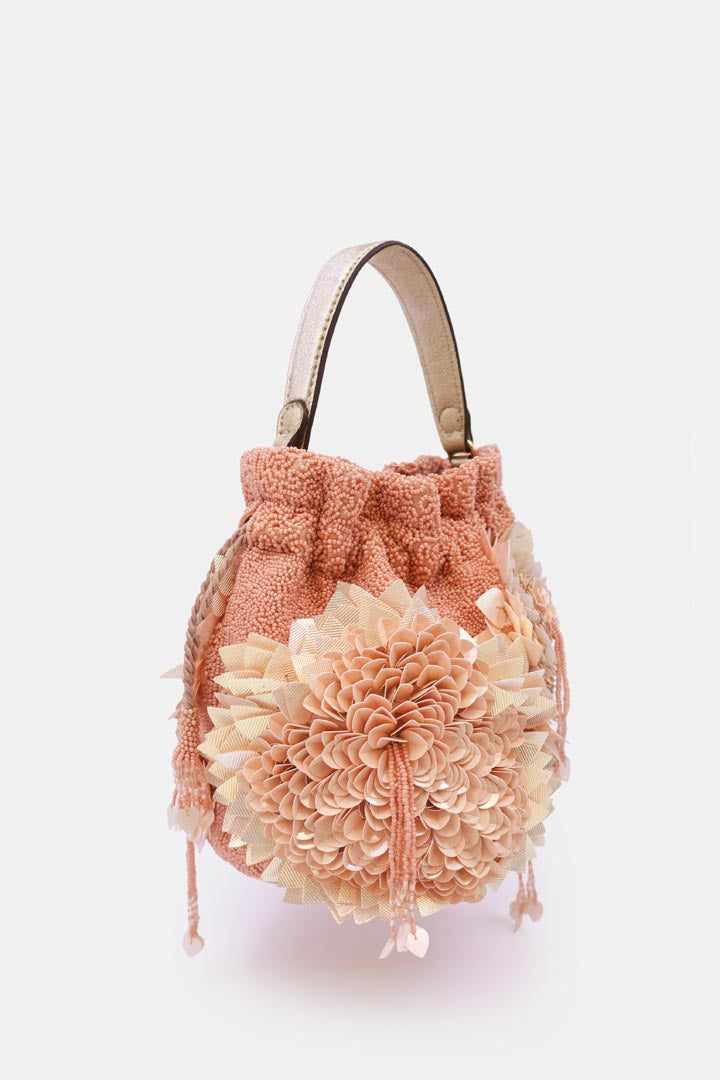 Hand Embroidered Peach Potli Bag with drawstring