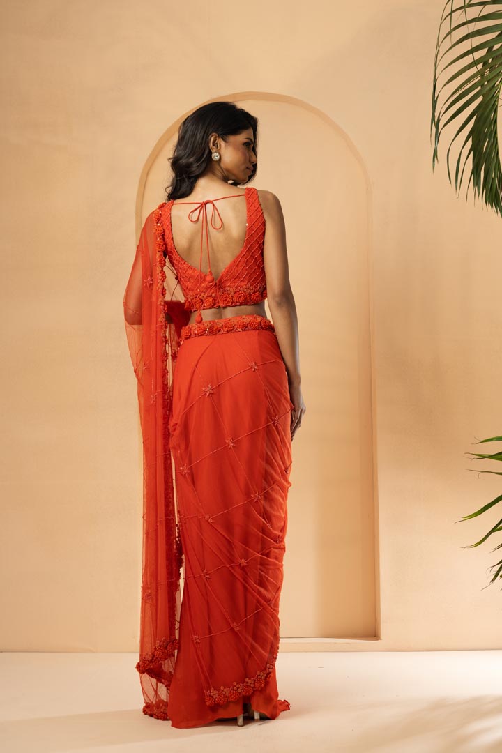 Orange embroidered pre-stitched drape saree