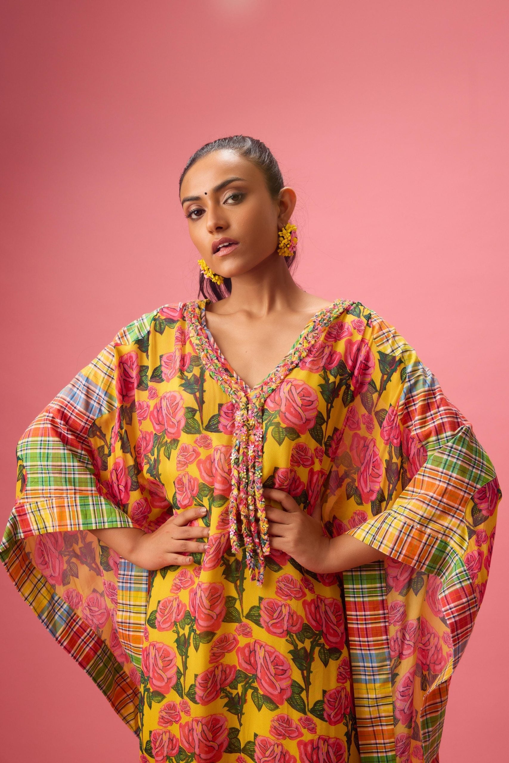 FLORAL PRINTED KAFTAN WITH MADRAS CHECK DETAILING