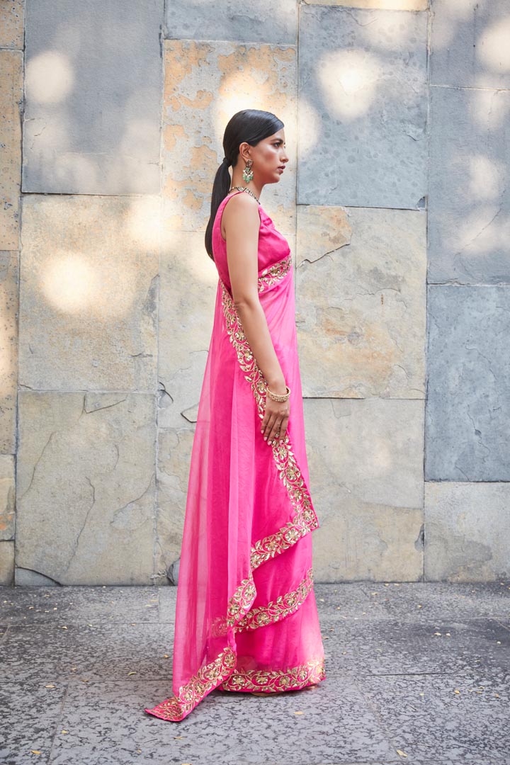 fuschia silk organza saree