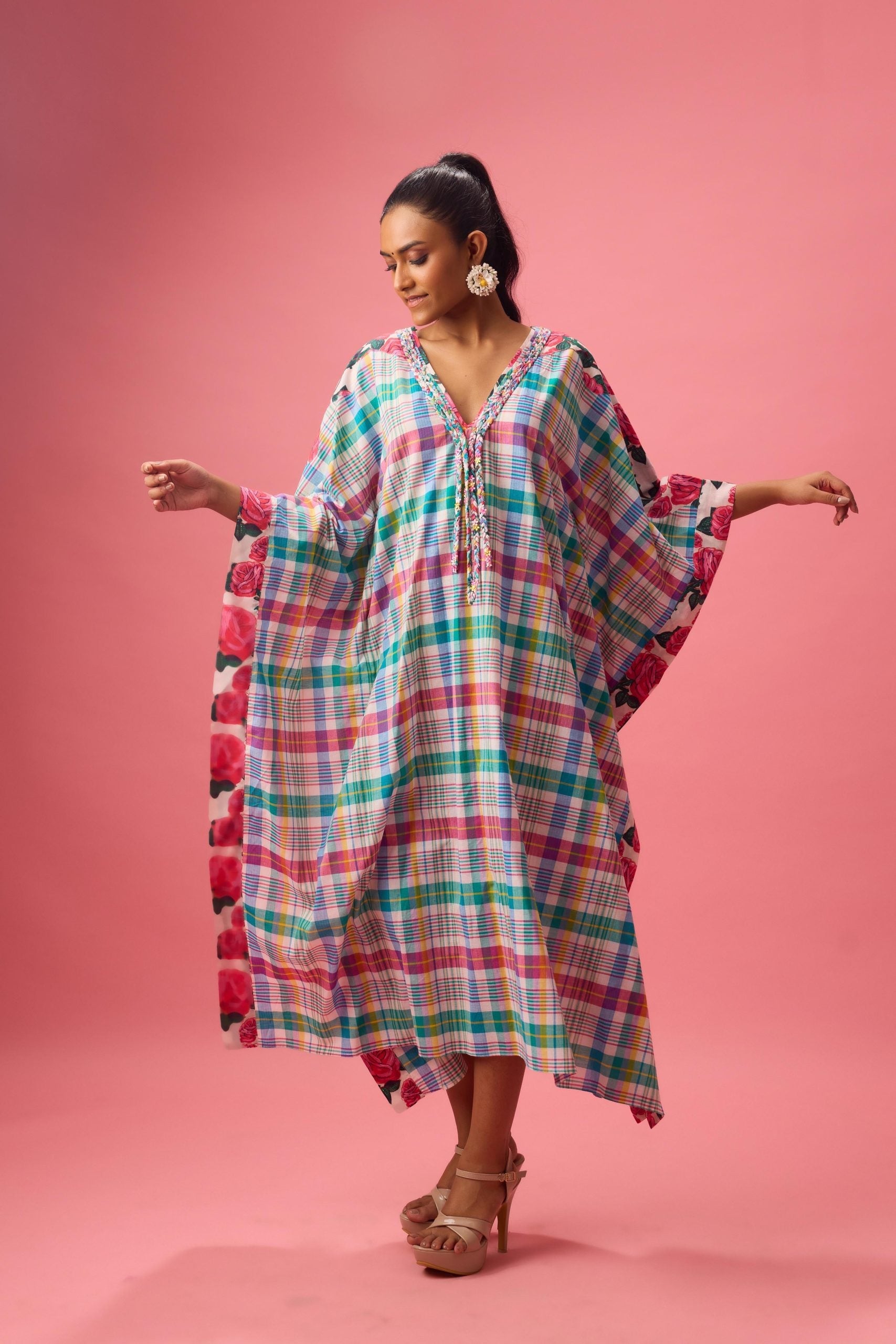 MADRAS CHECK  KAFTAN WITH FLORAL PRINT  DETAILING