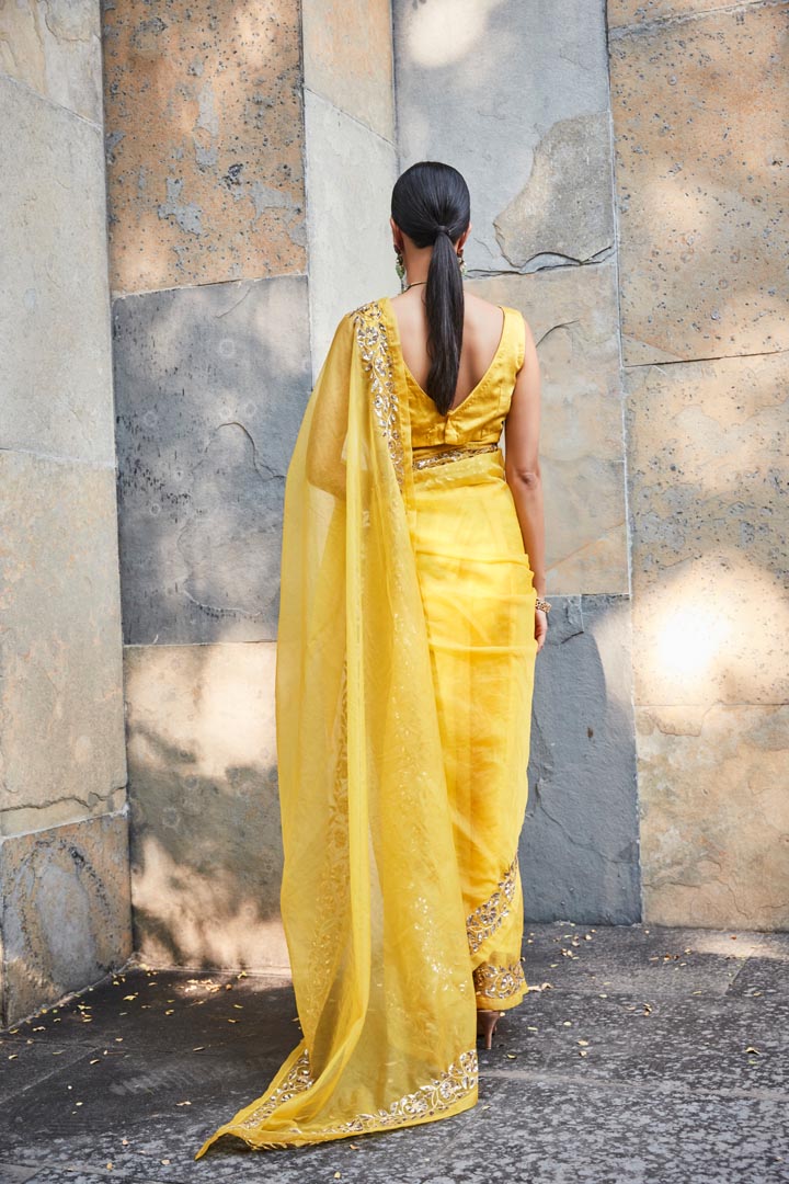 yellow silk organza saree